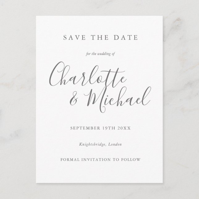 Minimalistisches Elegantes Skript Save the Date Postkarte (Vorderseite)