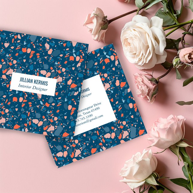 Minimalistisches elegantes Terrazzo Muster Blau Ro Quadratische Visitenkarte (Chic terrazzo elegant pink blue square business card
)