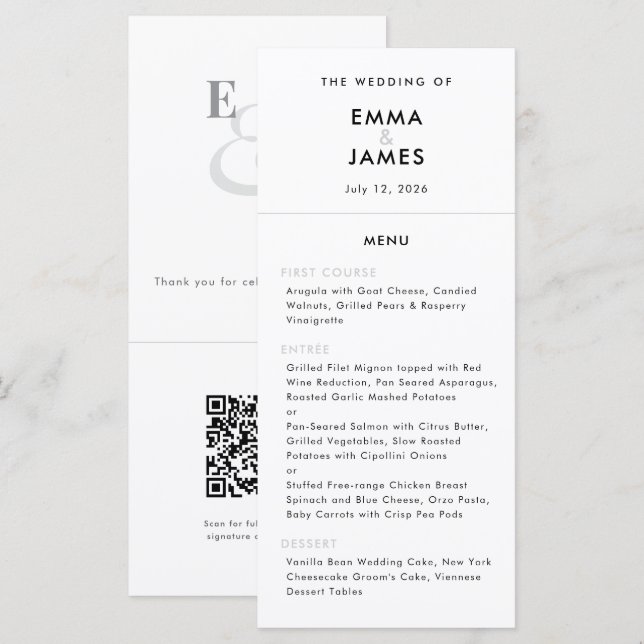Minimalistisches Et-Zeichen-Hochzeit | QR-Code | E Menükarte (Vorne/Hinten)