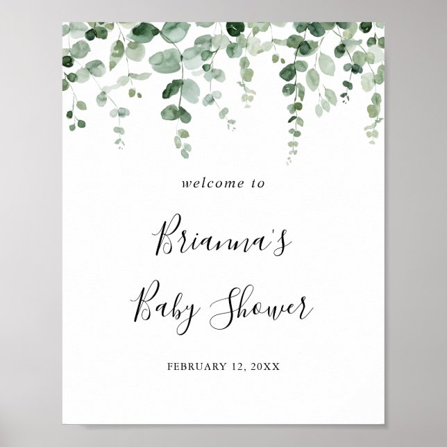Minimalistisches Eucalyptus Baby Dusche Begrüßungs Poster (Vorne)