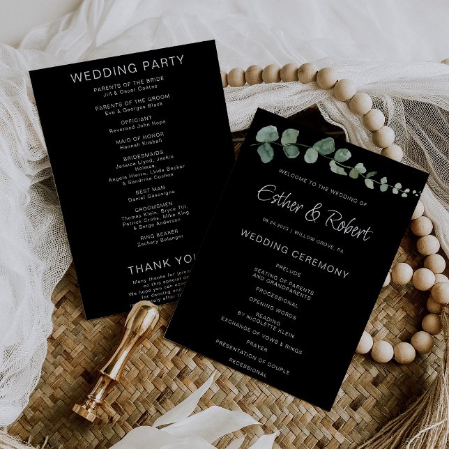 Minimalistisches Eukalyptus Black Wedding Programm (Von Creator hochgeladen)