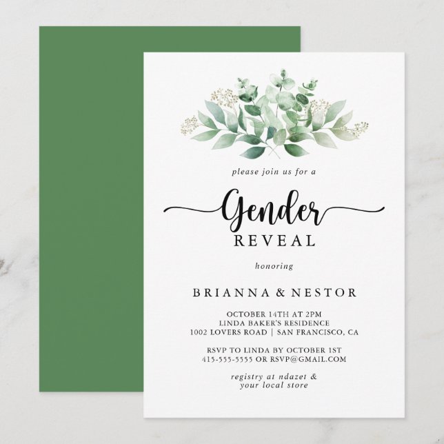 Minimalistisches Eukalyptus-Gender-Party Einladung (Vorne/Hinten)