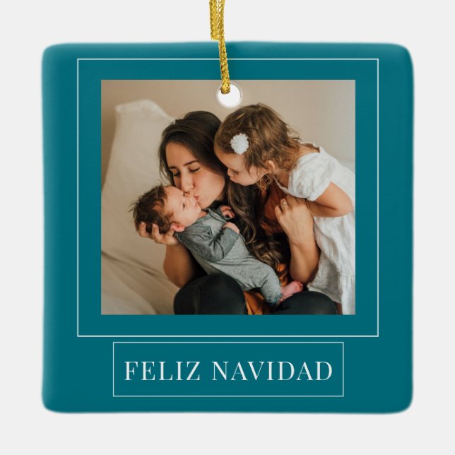 Minimalistisches Feliz Navidad Aquamarines Foto Keramikornament (Vorderseite)