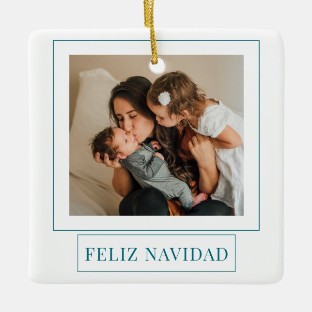 Minimalistisches Feliz Navidad Aquamarines Foto Keramikornament (Vorderseite)