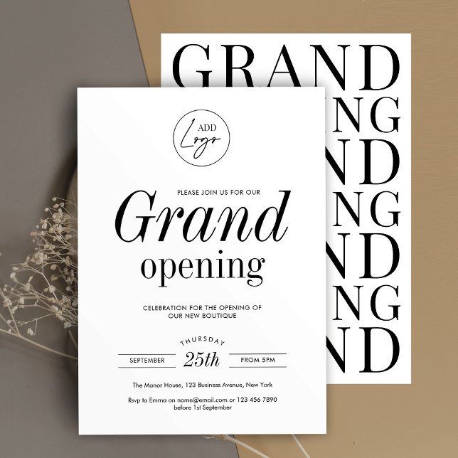 Minimalistisches Firmenlogo Einfaches Chic Grand O Einladung (Grand opening invitation in minimalist design with bold typography and space for your logo)