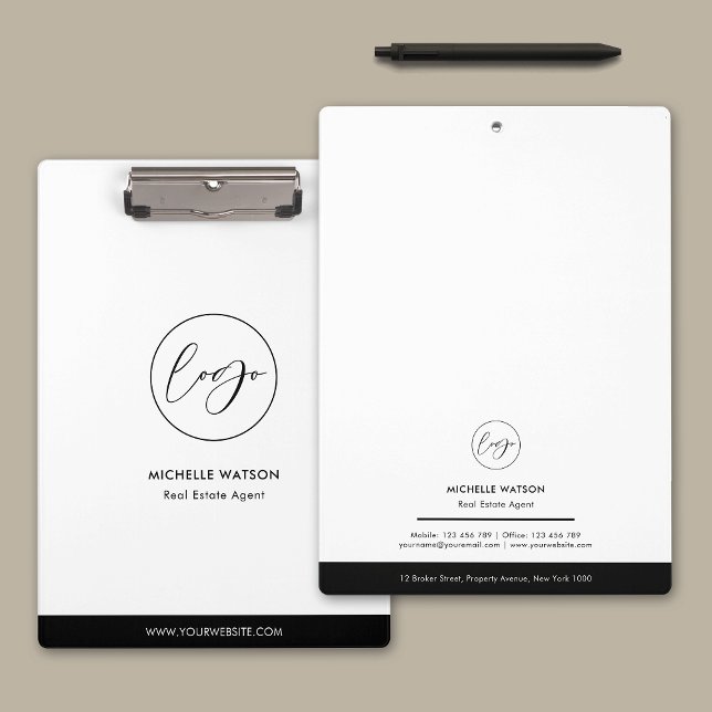 Minimalistisches Firmenlogo Schwarz/Weiß Klemmbrett (Business logo corporate black and white clipboard with your contact details on the back)
