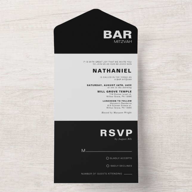 Minimalistisches formelles Elegant Black Bar Mitzv All In One Einladung (Innen Boden)