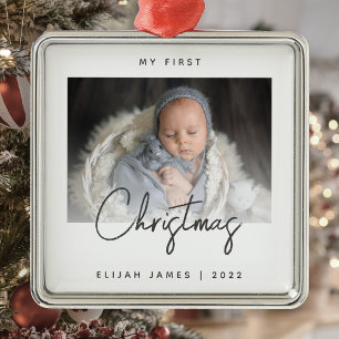 Minimalistisches Foto Baby erstes Weihnachten Grau Ornament Aus Metall