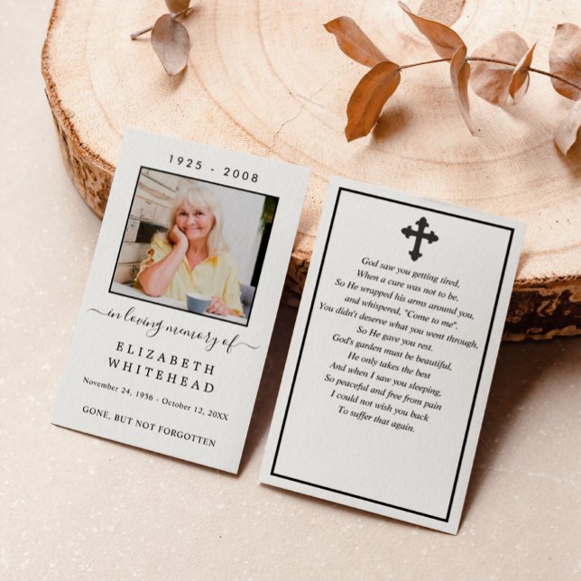 Minimalistisches Foto Beileid Beerdigungskarte (Simple in loving memory memorial keepsake business card with a poem and a cross.)