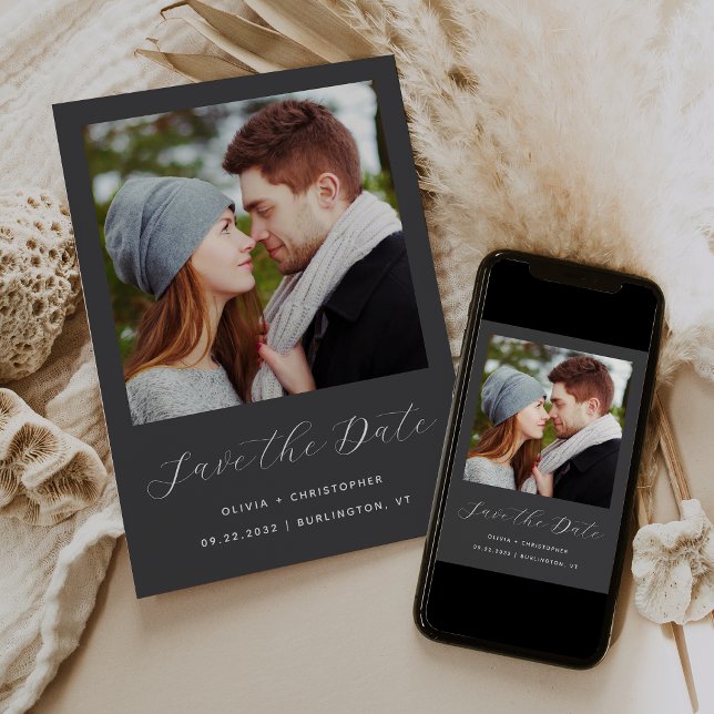 Minimalistisches Foto Charcoal Gray Script Save The Date (Von Creator hochgeladen)