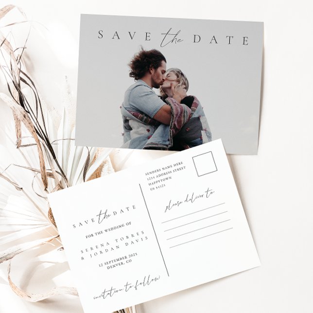 Minimalistisches Foto für Elegantes Skript Save th Postkarte (Minimalist Elegant Script Photo Save the Date Postcard)