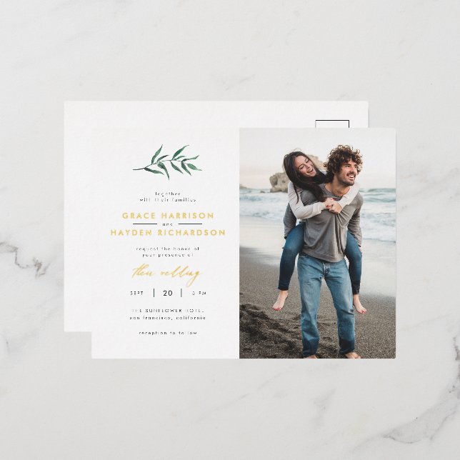 Minimalistisches Foto für Hochzeitsfeiern Folie Einladungspostkarte (Vorderseite/Rückseite)