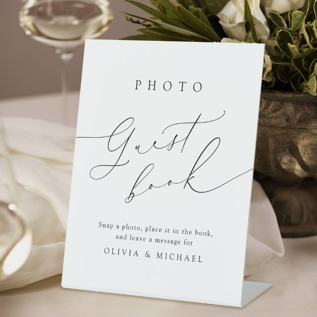 Minimalistisches Foto-Gästebuch Sockelschild (Minimalist Modern Script Wedding Photo Guest Book Pedestal Sign)