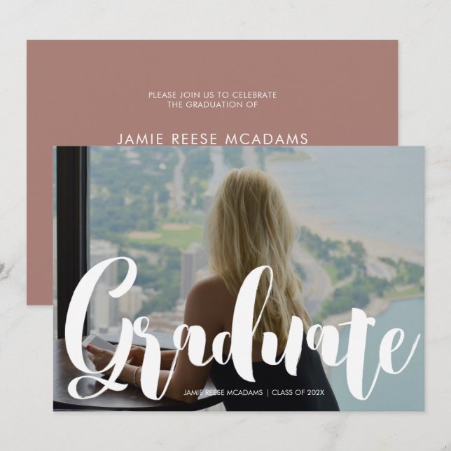 Minimalistisches Foto Graduation Party Rosa Ankünd Ankündigung (Vorne/Hinten)