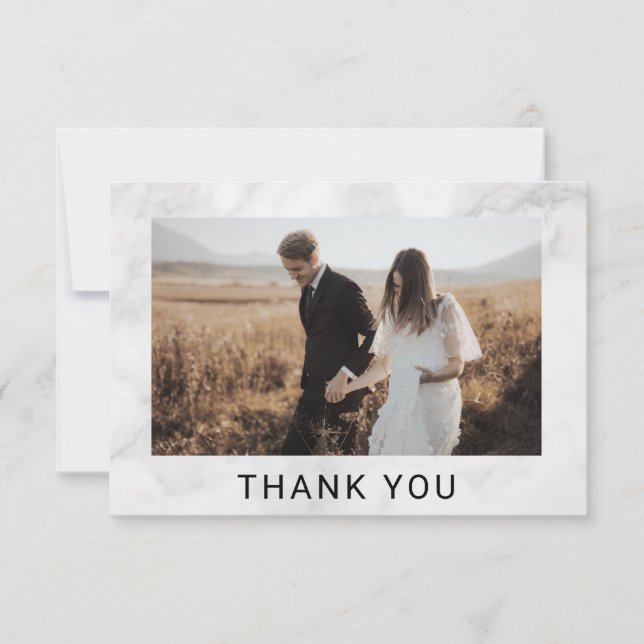 Minimalistisches Foto Hochzeit aus weißem Marmor Dankeskarte (Vorderseite)
