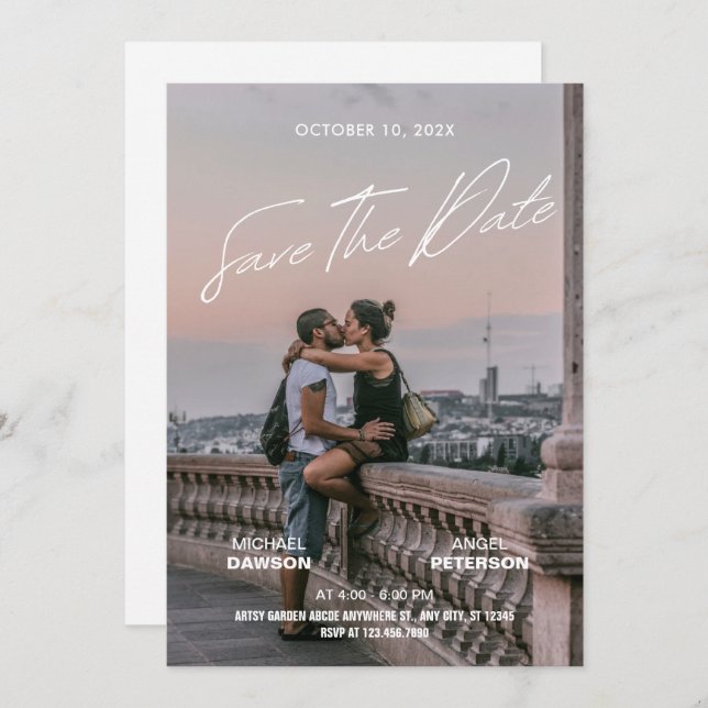 Minimalistisches Foto Hochzeit Backpacker Filmplak Save The Date (Vorne/Hinten)