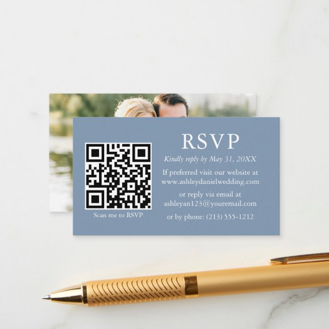 Minimalistisches Foto Hochzeit QR UAWG Dusty Blue Begleitkarte (Vorderseite/Rückseite Beispiel)