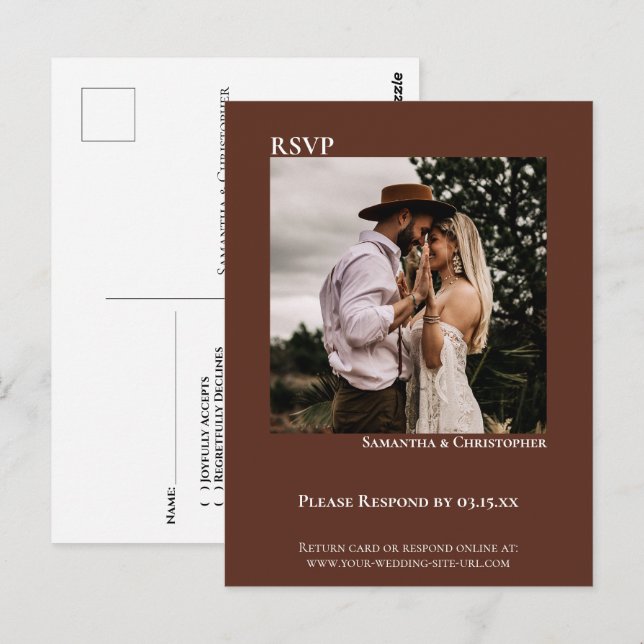 Minimalistisches Foto Kastanienbraun Hochzeit RSVP Postkarte (Vorne/Hinten)