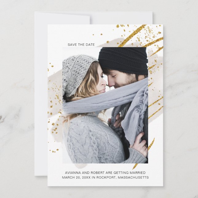 Minimalistisches Foto mit schwarzem Gold Save The Date (Vorderseite)