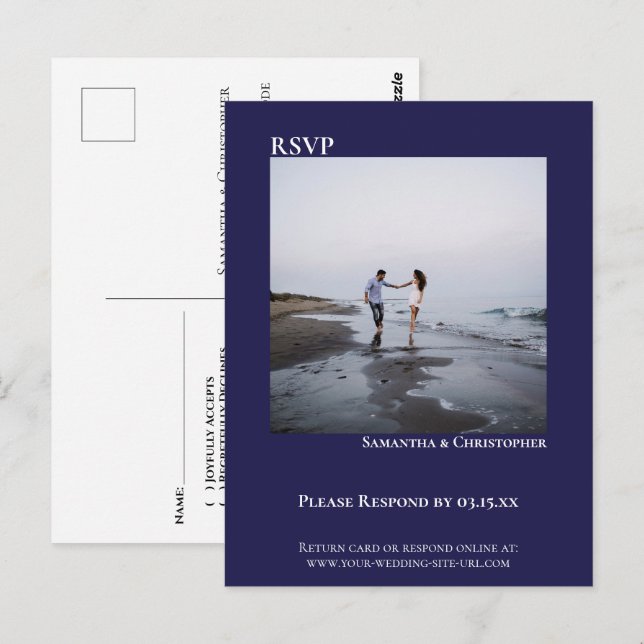 Minimalistisches Foto Modernes Blue Wedding RSVP Postkarte (Vorne/Hinten)