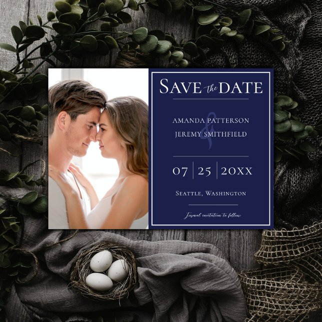 Minimalistisches Foto | Navy Blue Save the Date (Navy Minimalist Photo Save the Date)