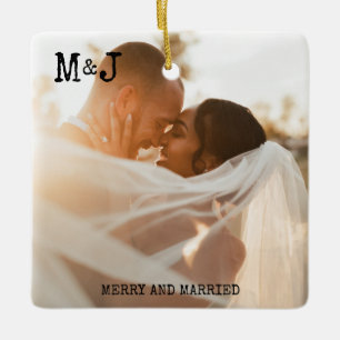 Minimalistisches Foto-Ornament Froh & Verheiratet Keramikornament