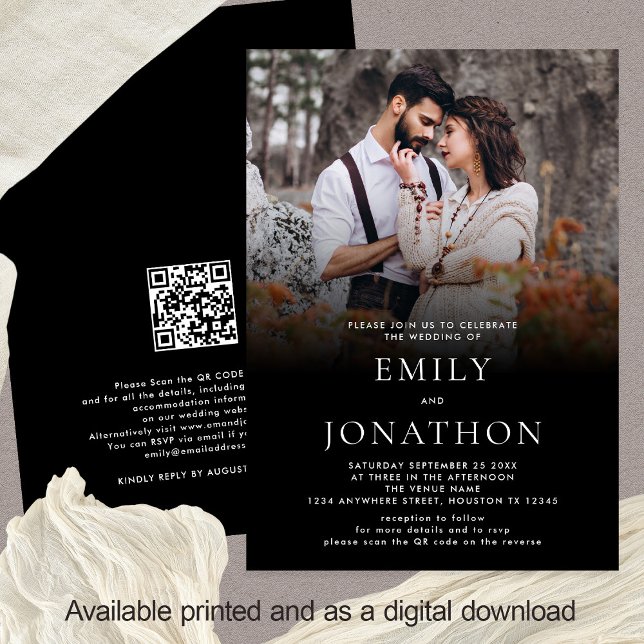 Minimalistisches Foto-Overlay QR-Code Hochzeitschw Einladung (Front and back view Wedding Invitation Photo Black Overlay and your website QR code)