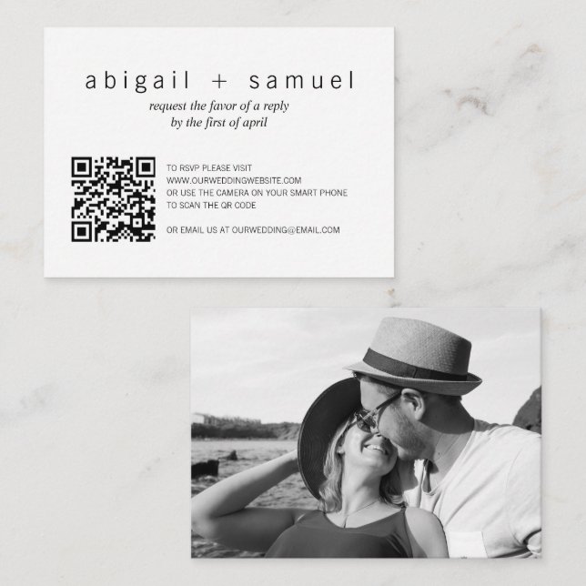 Minimalistisches Foto QR Code Wedding Mini RSVP Ca Mitteilungskarte (Vorne/Hinten)