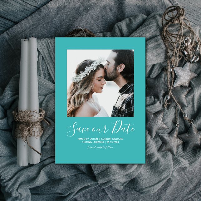 Minimalistisches Foto Save the Date | AQUAMARIN (Teal Minimalist Photo Save the Date)