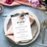 Minimalistisches Foto Script-Hochzeitmenü Poster<br><div class="desc">Minimalistisches Foto Skript Hochzeitsmenü. Ein elegantes Design mit einem Foto an der Oberseite hinter einer abgestuften Farbschicht,  wobei der Text teilweise über dem Bild am unteren Rand liegt. Der Haupt-Header ist in einem fett formatierten Set-Skript und die Erholung des Textes können Sie leicht personalisieren.</div>