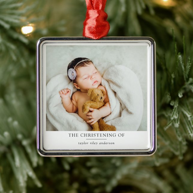 Minimalistisches Foto Taufe Christening Ornament Aus Metall (Baum)