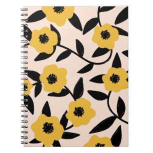 Minimalistisches gelbes Blumenmuster mit schwarzen Notizblock