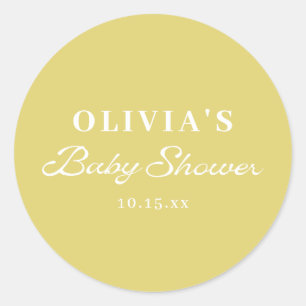 Minimalistisches Gelbes Retro-Script Baby Shower B Runder Aufkleber