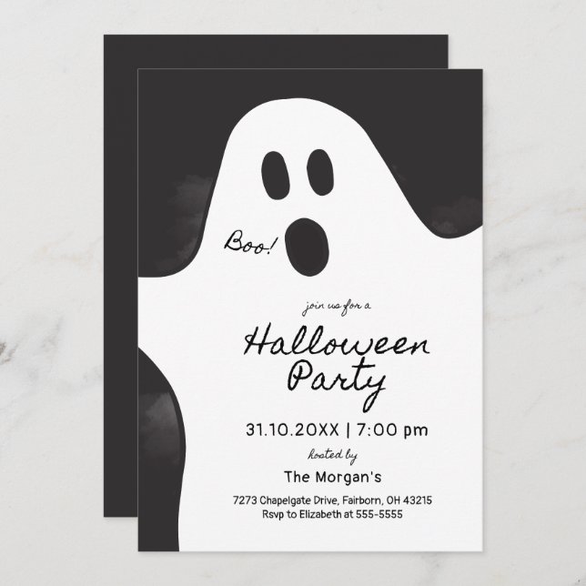 Minimalistisches Ghost-Halloween-Party in Schwarz  Einladung (Vorne/Hinten)