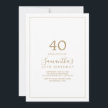 Minimalistisches Gold 40. Geburtstag Einladung<br><div class="desc">Diese minimalistische Gold 40. Geburtstagseinladung ist perfekt für eine einfache Geburtstagsfeier. Das moderne romantische Design besticht durch klassische Goldtypografie und Weiß, gepaart mit einer rustikalen und eleganten Kalligraphie mit Vintagem handgeschriebenem Stil. Anpassbar in jeder Farbe. Behalt das Design einfach und elegant, wie es ist, oder personalisiere es durch Hinzufügen von...</div>