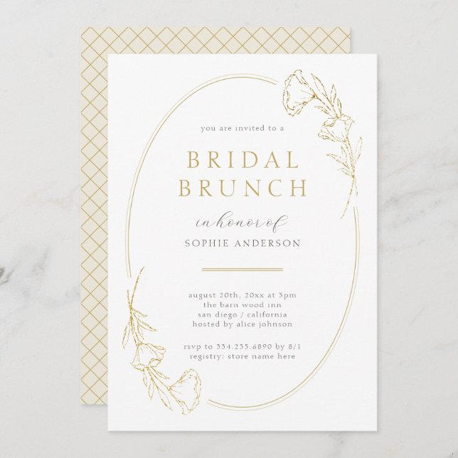 Minimalistisches Gold Floral Brautparty Brunch Einladung (Vorne/Hinten)
