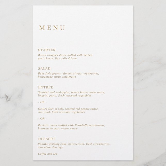 Minimalistisches Gold Modern Wedding Menu (Vorderseite)