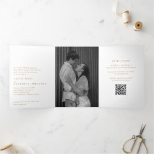 Minimalistisches Gold QR Code Foto Moderne Hochzei Dreifach Gefaltete Einladung