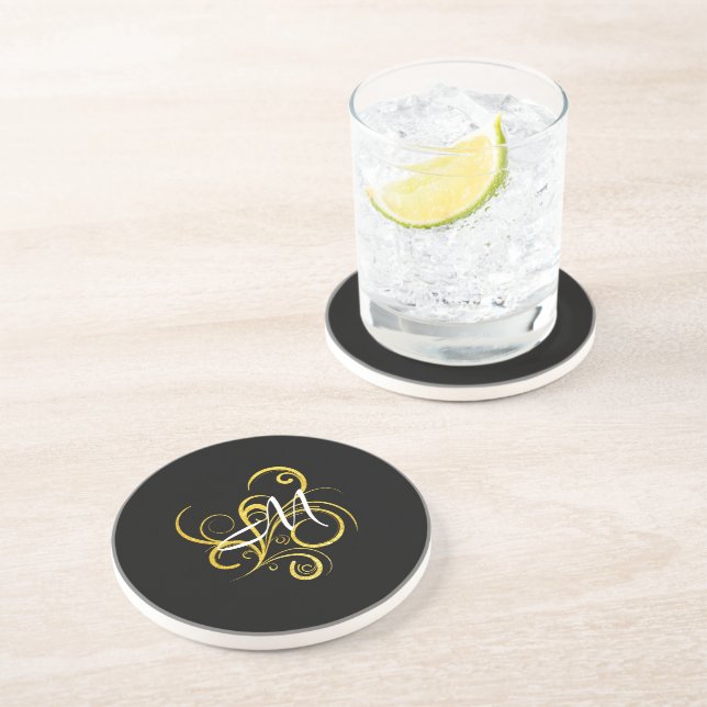 Minimalistisches Gold-Schwarz-Monogramm Getränkeuntersetzer (Seite)