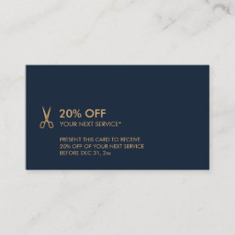 Minimalistisches Gold Scissors Haar-Stylist-Rabatt Visitenkarte