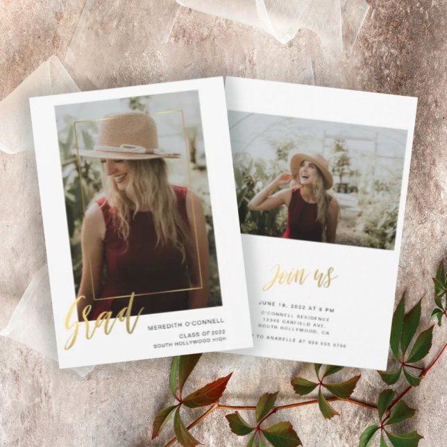 Minimalistisches Gold Script 2 Foto Abschluss Einladung (Von Creator hochgeladen)