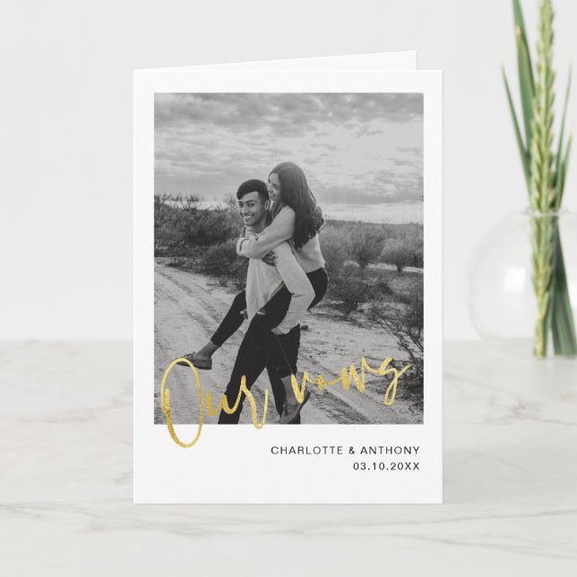 Minimalistisches Gold Script Foto Unsere Vow Card Karte (Vorderseite)