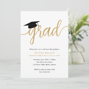 Minimalistisches Gold Script Graduation Cap Party Einladung