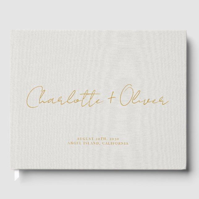 Minimalistisches Gold Script Personalisiert Weddin Gästebuch (Vorderseite)