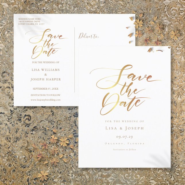 Minimalistisches Gold-Script Save the Date Ankündigungspostkarte (Minimalist Gold Script Save the Date Announcement Postcard)