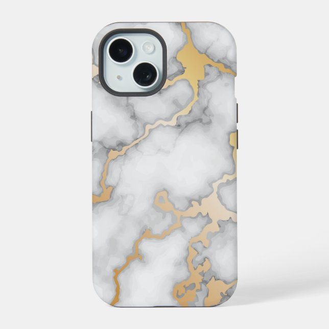 Minimalistisches Gold und weißer Marmor iPhone 15 Hülle (Rückseite)