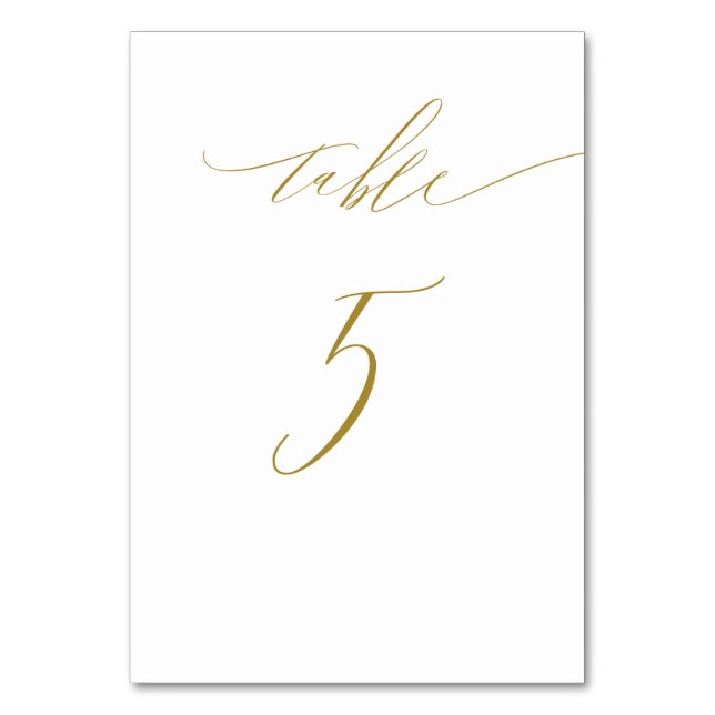 Minimalistisches Gold Weiß Stilschrift Nr. 5 Hochz Tischnummer (Vorderseite)