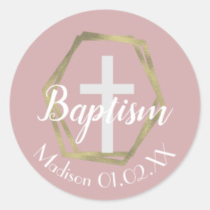 Minimalistisches Goldfolien-Taufkreuz mit Kindsnam Runder Aufkleber