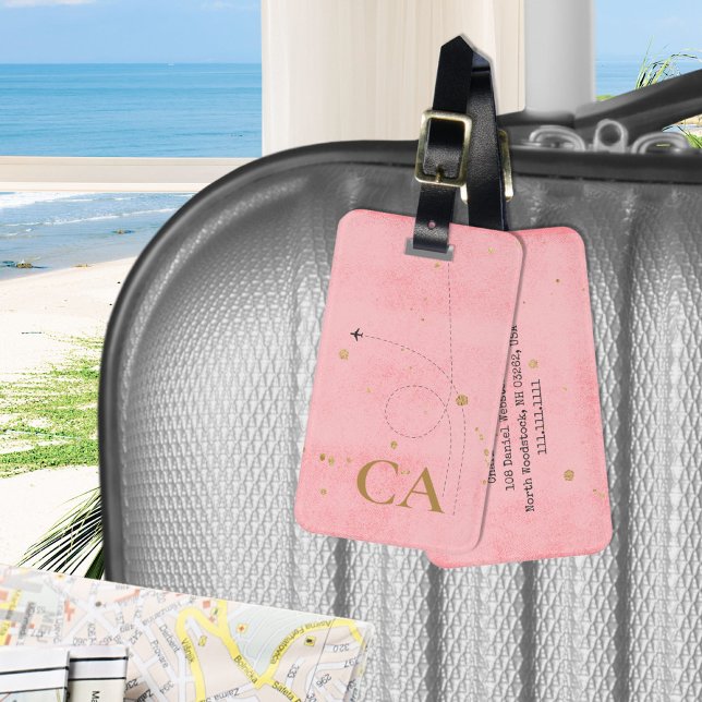 Minimalistisches Goldlachs-Monogramm-Rosa-Flugzeug Gepäckanhänger (Minimalist Golden Monogram Salmon Pink Airplane Luggage Tag ©Susanne Sachers - Sunny Wanderlust 🌞✈️)