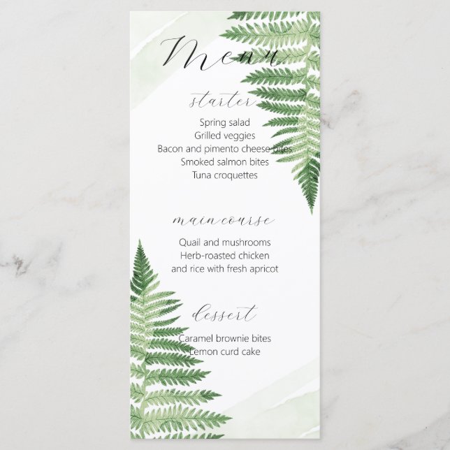 Minimalistisches Green Fern Wedding Menu Menükarte (Vorderseite)